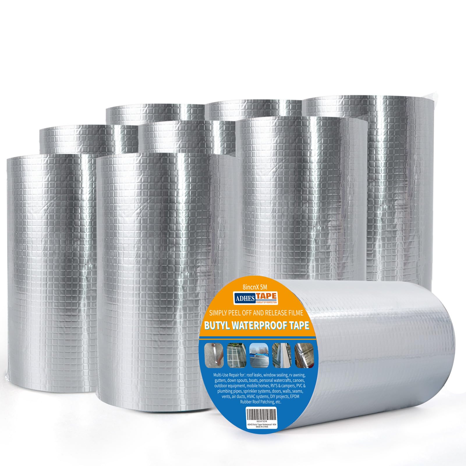 ADHES Butyl Tape Waterproof Tape, 9 Rolls x 8 inch x 16 feet, 47 mil Thick Aluminum Foil Tape Butyl Sealant tape for RV Repair, Window, Silicone, Boat and Pipe Sealing, Silver โ image 1