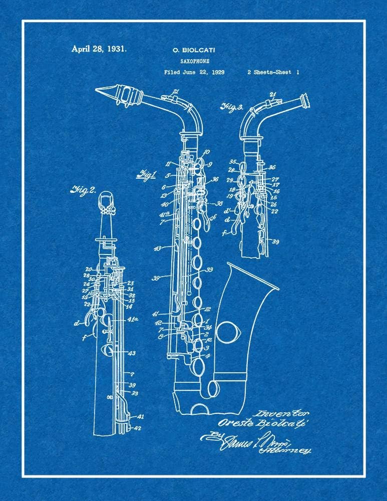 Saxophone Patent Print Blueprint with Border (16" x 20