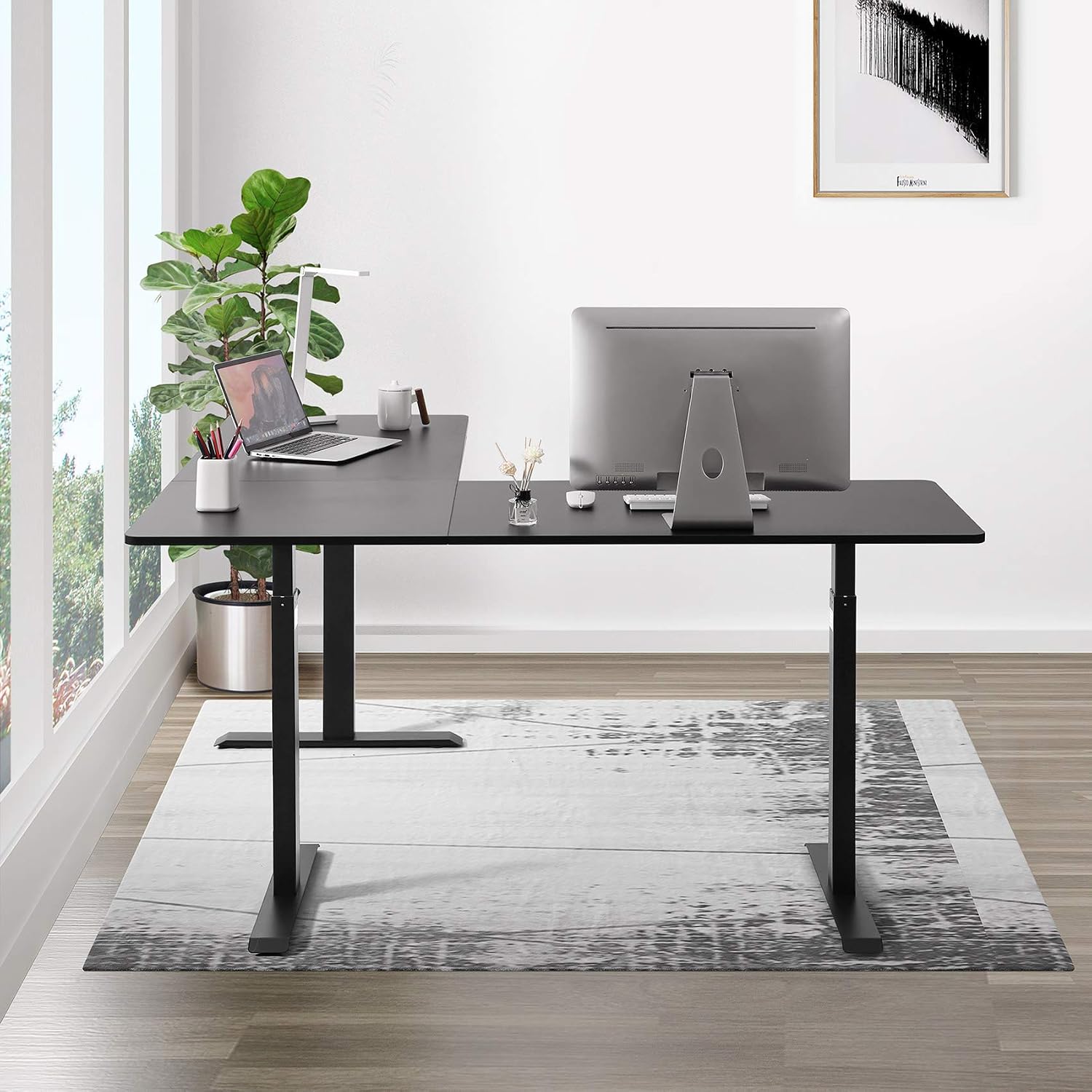 UNICOO – L Shaped Crank Height Adjustable Standing Desk, Sit to Stand up Corner Desk, L-Shaped Standing Workstation (Black Frame/Black Top - L Shape Crank)