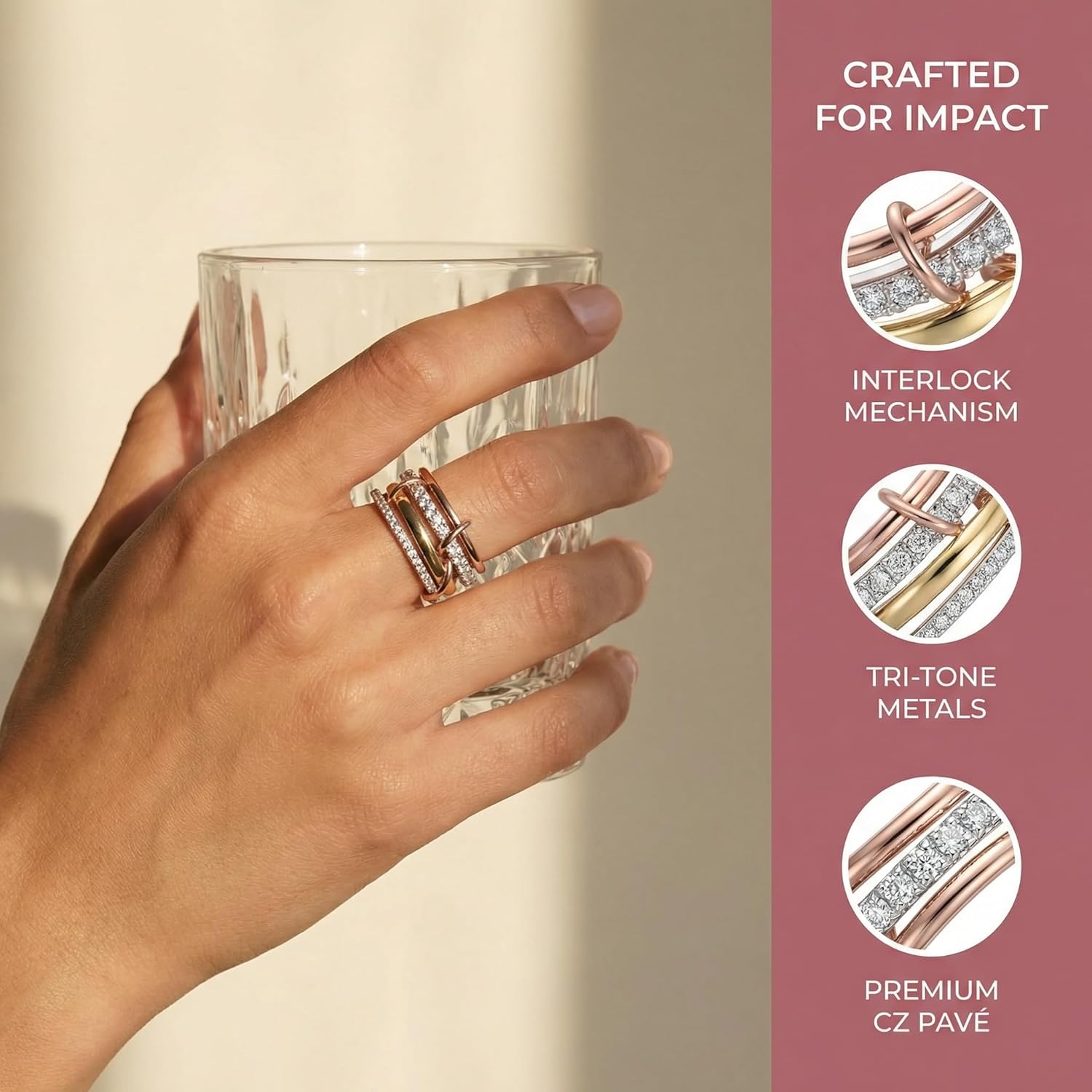 14K Rose Gold Plated 4-Piece Stackable Rings for Women - Non Tarnish Interlocking CZ Ring Set - Sterling Silver Mixed Metals Statement Rings - Two Tone Connected Bands for Stacking - Image 2