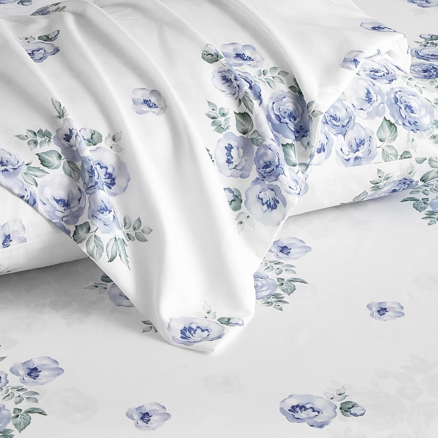 HYPREST Blue Floral Bed Sheets King Size, 18 inches Deep Pocket Sheets 1800 Thread Count, 4 Pieces Sheet Set Soft Breathable Farmhouse Sheets Shabby Chic Bed Sheets,Oeko-Tex Certificated - Image 5