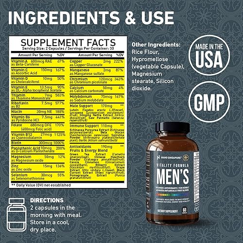 Miniatura 4 de Nano Singapore Vitality Formula - Multivitamínico diario para hombres, 2.5 veces más vitamina A C E, antioxidante, multivitaminas para hombre que