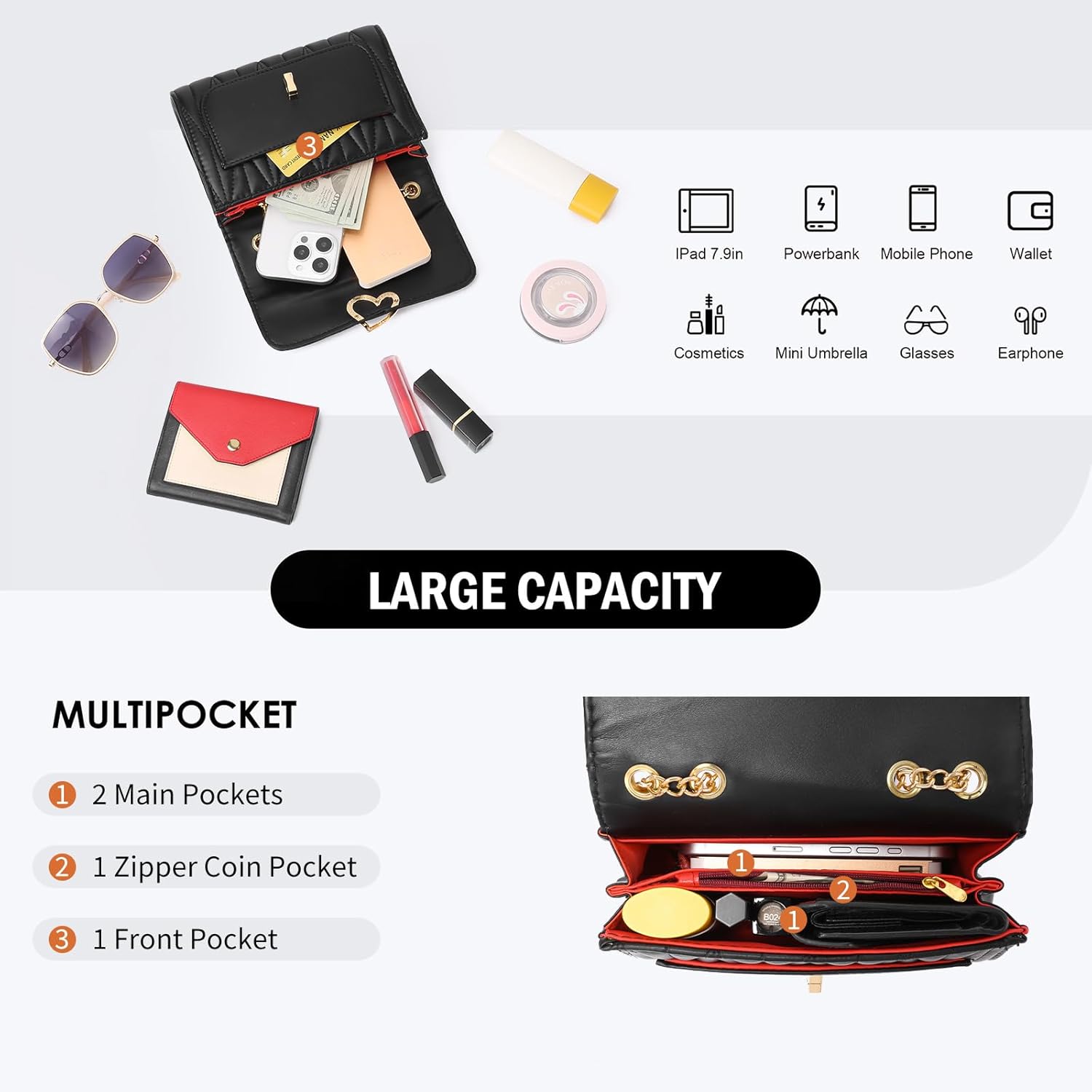 GOIACII Quilted Crossbody Bag Ladies Purse for Women with Chain Strap Soft Vegan Leather - Image 5