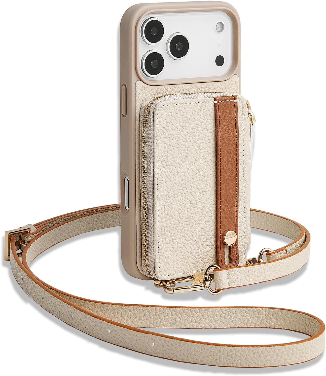 LAMEEKU for iPhone 17 Pro Max Wallet Case with Card Holder, Crossbody Case with Kickstand Wrist Strap Cover 6.9 inch Beige