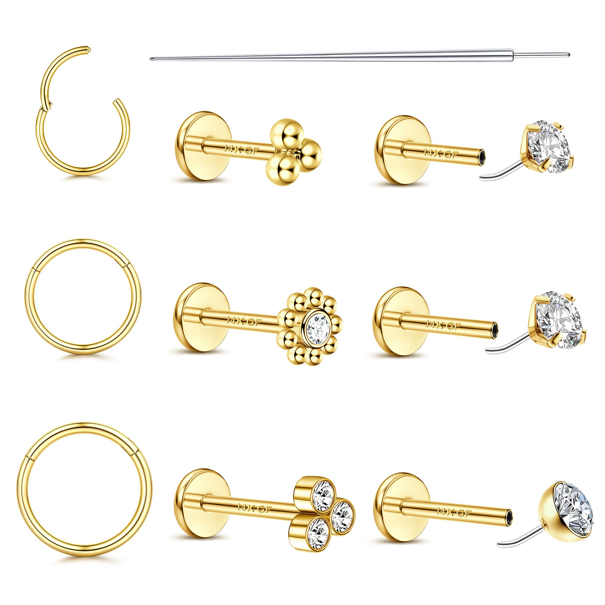 20G/18G Nose Rings Studs for Women Men - 14K Gold Filled Flat Back Nose Studs Nose Ring Hoops Hypoallergenic Surgical Steel Threadless Push in CZ Helix Tragus Conch Nostril Cartilage Piercing Jewelry