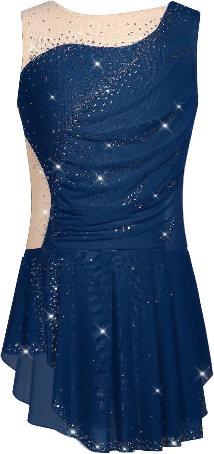 Girls Dance Dress Glitter Ice Skating Outfit Cha-cha Gymnastics Mesh Slit Garment Sleeveless Practice Suit