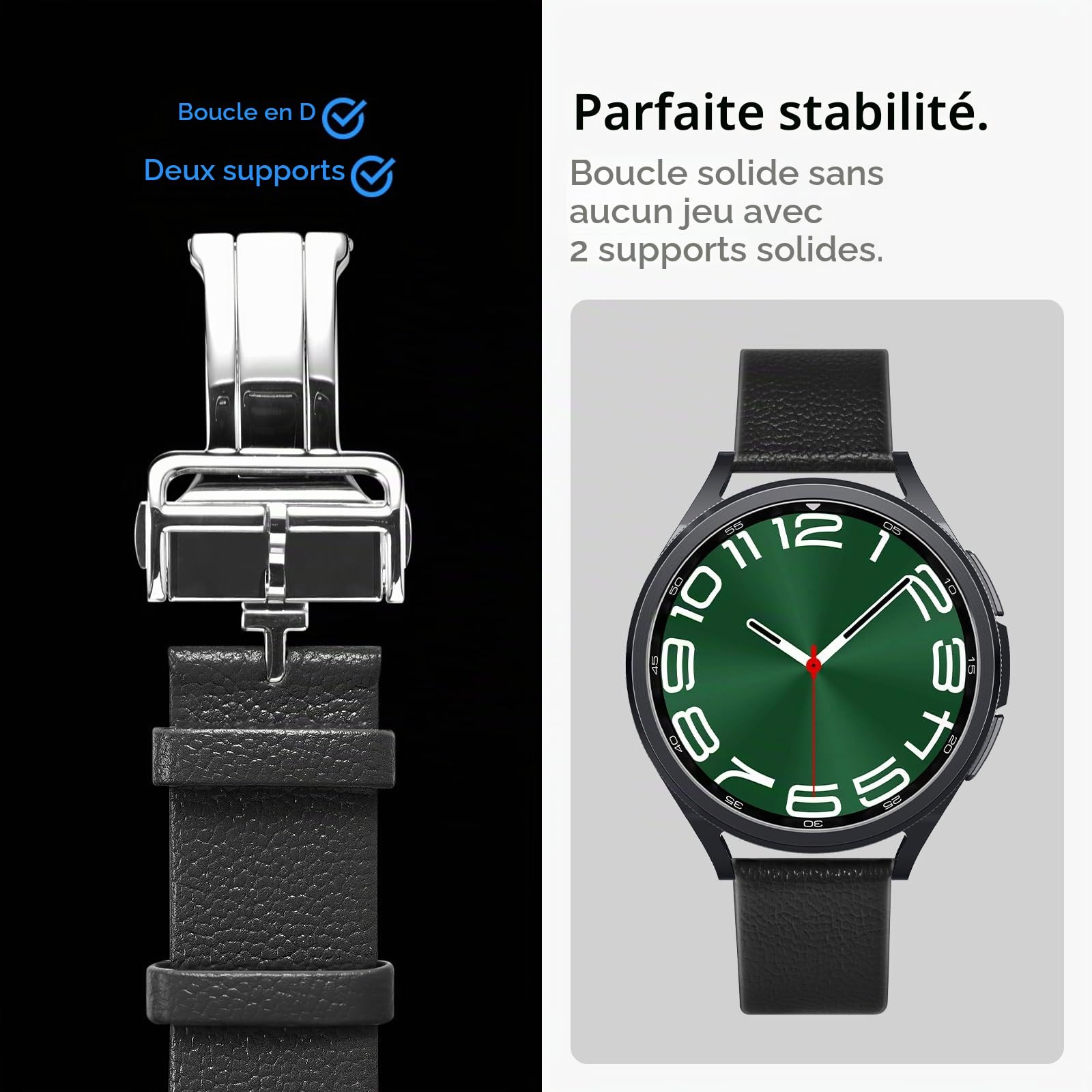 Spigen Enzo Bracelet en Cuir véritable Compatible avec Samsung Galaxy Watch 7 44/40mm, FE 40mm, 6/5/4 44/40mm, Classic 6 47/43mm, 5 Pro 45mm, 4 Classic 46/42mm, 3 41mm, Active 1&2 Bracelet - Noir