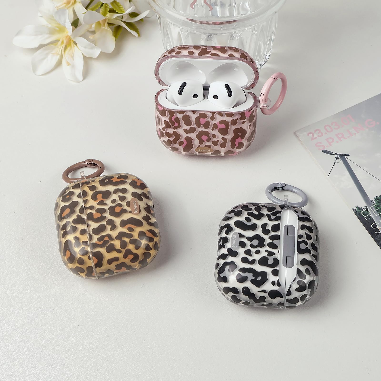 Coque AirPods 4 TPU Transparent Motif Léopard avec Kit de Nettoyage et Porte-Clés, Noir Léopard