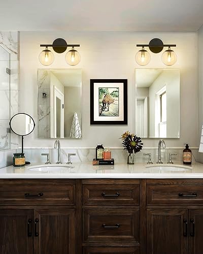 Miniatura 8 de LMS LMS-173 - Lámpara de baño con 2 luces, acabado negro y dorado de latón con cristal de globo transparente, LMS-173