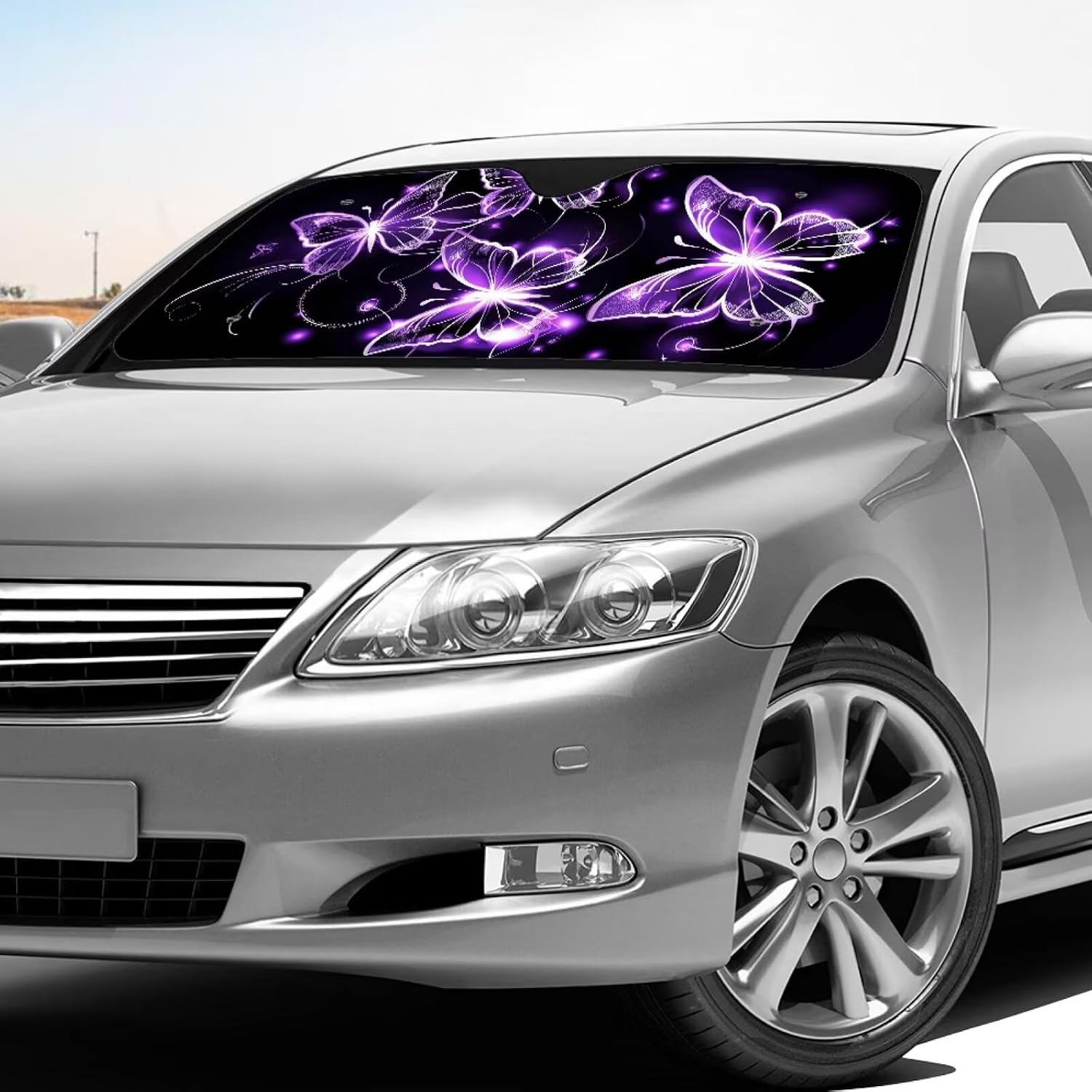 Purple Butterfly Sun Shade for Car Windshield Purple Butterfly Car Accessories Foldable Windshield Cover Sun Shade for Automotive Car Front Window Sunshade Summer Heat Resistant,Universal Fit image 3