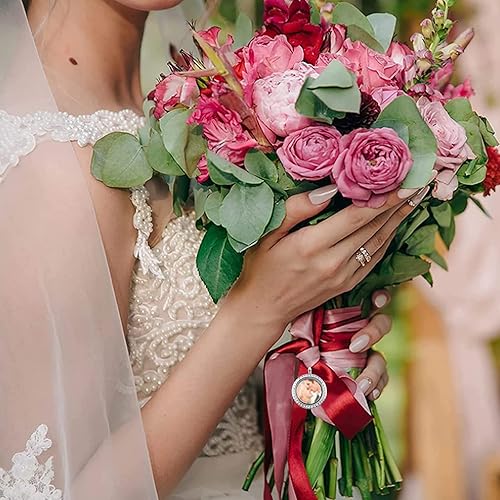 Miniatura 7 de WANDIC Abalorios de fotos de diamantes de imitación, colgante redondo de plata con medallón de memoria, para ramo de boda nupcial para foto o