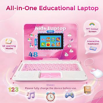 Kids Laptop Educational Toy, 48 Learning Activities, 15x8cm Colour Screen, Maths English Music Games, Boys & Girls Age 5+, Pink