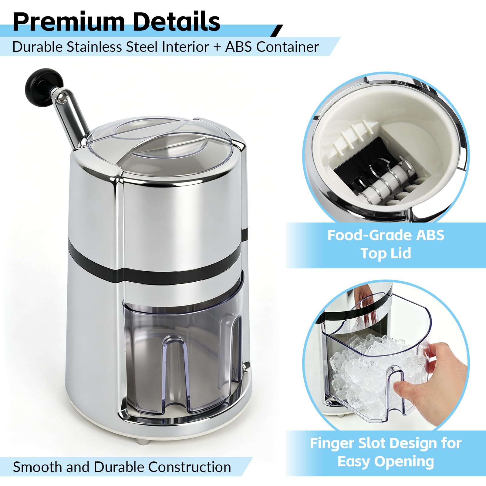 Broyeur à glace manuel en acier inoxydable 1,1 l avec manivelle, broyeur à glace manuel en acier inoxydable avec bac de récupération, pieds antidérapants, pour cocktails, smoothies et boissons froides