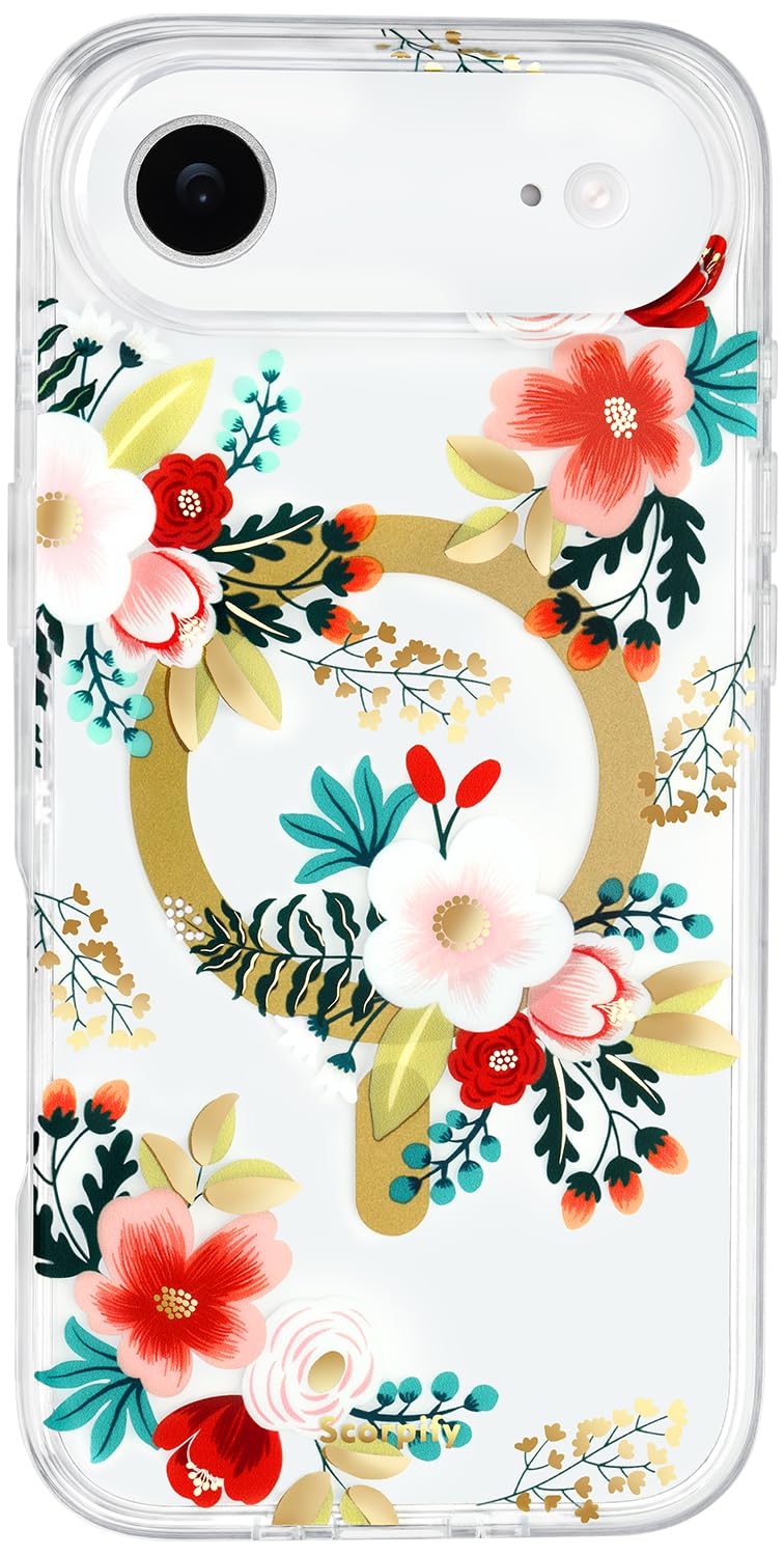 SCORPIFY for iPhone 17 Air Case [Compatible with MagSafe] with White Primrose Floral Design, Cute Clear Flower Magnetic Phone Cover for Women Girls, Slim Shockproof Bumper with Gold Accents
