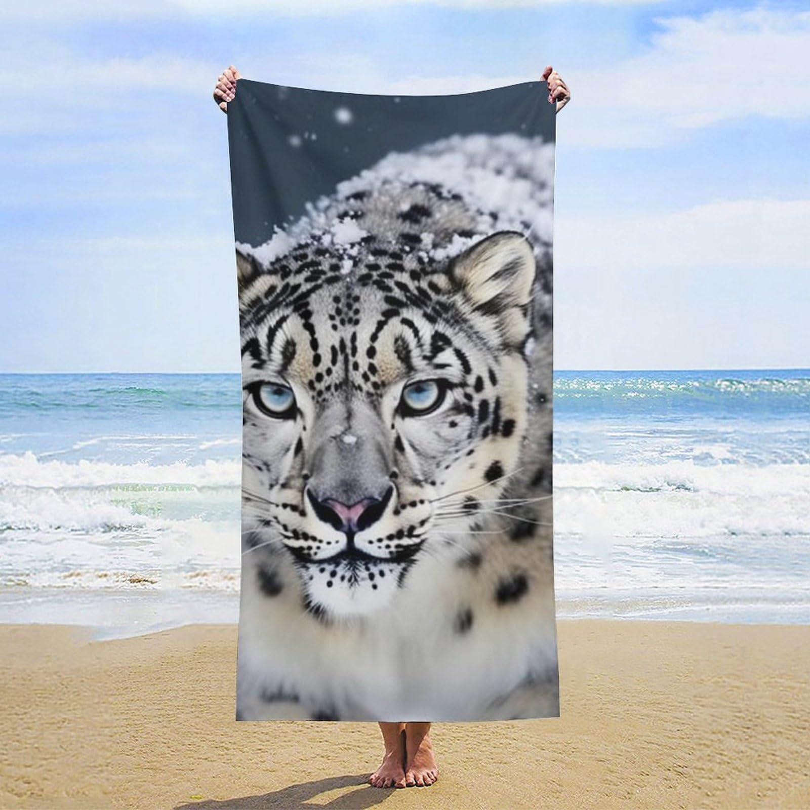 NTVOWPZO Blue Eyed Snow Leopard Beach Towel Oversized Microfiber Bath Towels Lightweight Sand Proof Beach Towels Absorbent Pool Towels for Swimming Yoga Bathroom Towel 31.5" X 63"