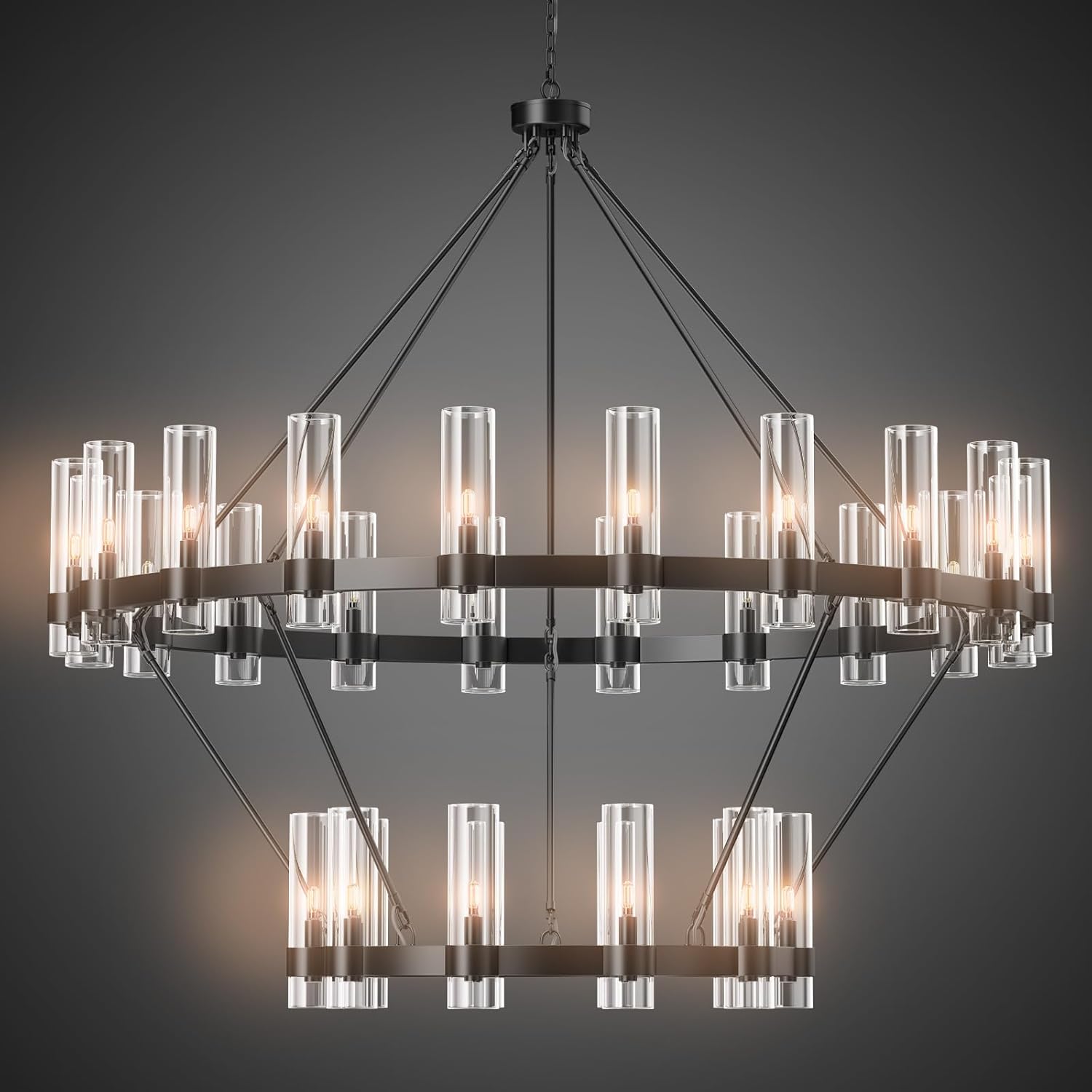 Large Black Chandelier, 30 Light Wagon Wheel Chandelier with Glass Shade,60 Inch Round Industrial High Ceilings Pendant Lighting Fixture for Dining Living Room, Kitchen Island, Foyer