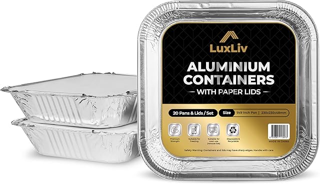 20 x LuxLiv ® Large Food Aluminium tin Foil Trays Containers with Lids. Great for Meal Prep Baking Roasting Food Storage Takeaway Disposable Silver Serving (20 Pack) - 9 x 9 Inch Square