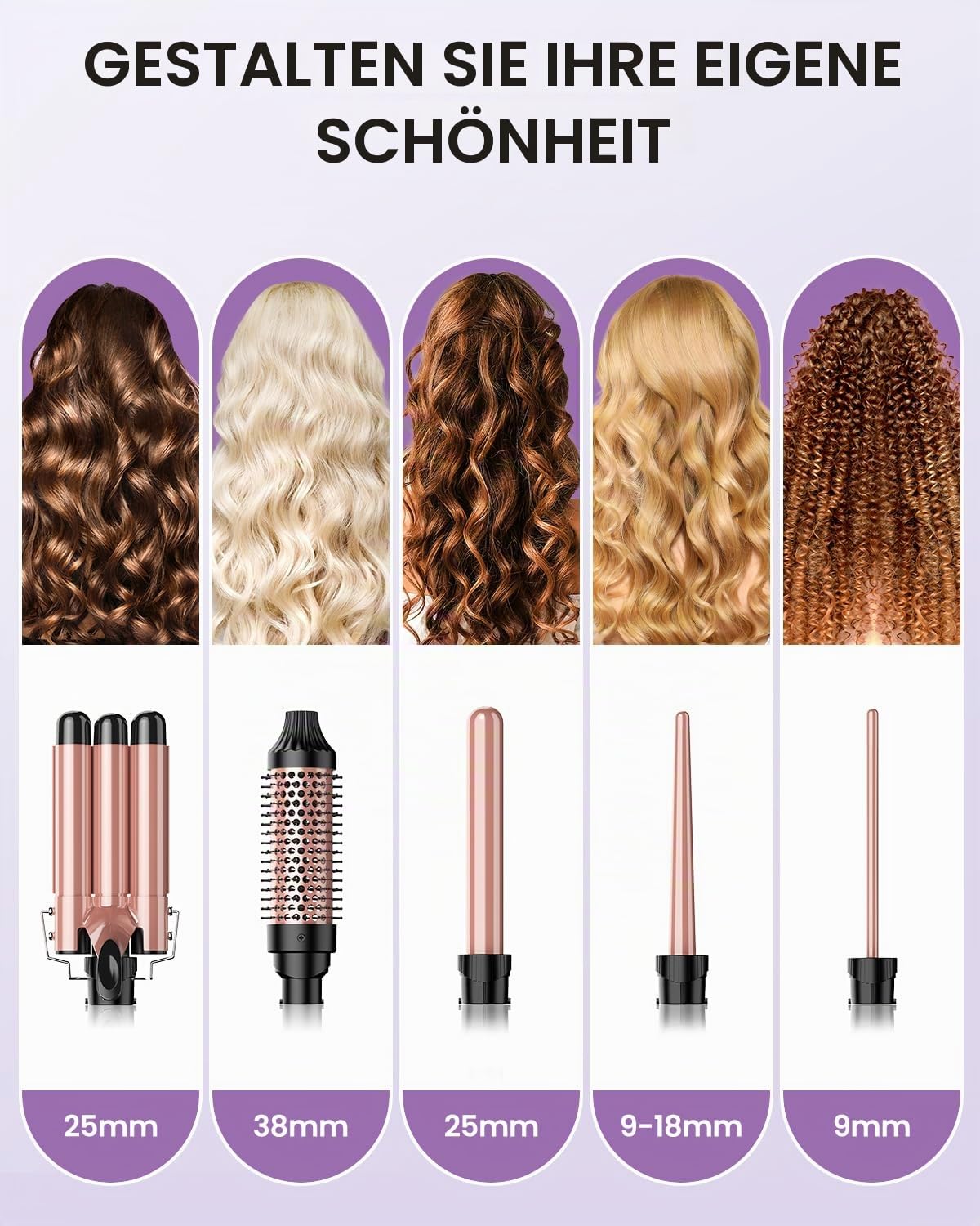 BESTOPE PRO Lockenstab, 5 in 1 Lockenstäbe Set mit Glätteisen, Thermobürste, 3 Keramische Lockeneisen (9mm- 25mm) für Große Locken, 13 Temperaturen, Hair Curler mit Hitzebest.Matte, Handschuh, Klammer