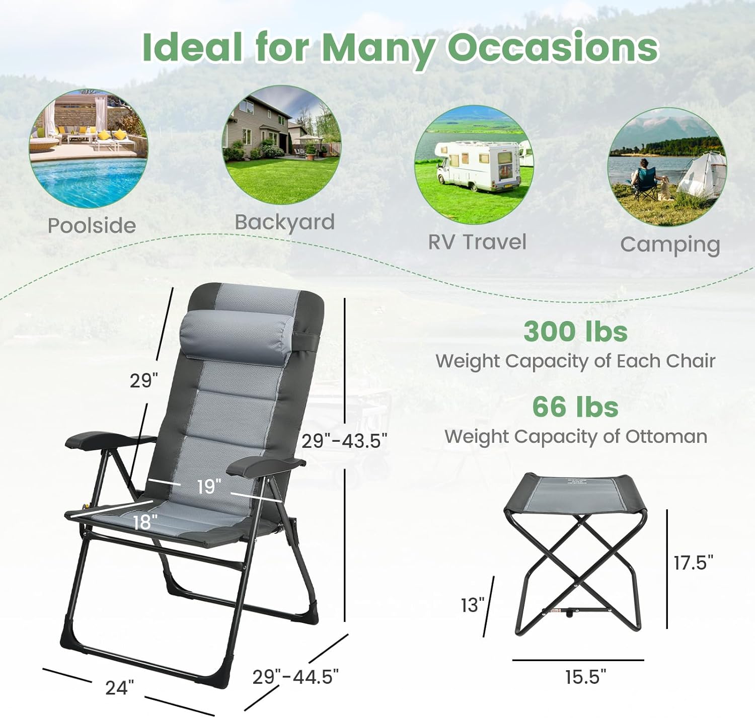 ORALNER Set of 2 Folding Recliner Chairs, Outdoor Patio Chairs with Footstool, 7-Position Adjustable Backrest, Headrest, Portable Lounger Lawn Chairs for Camping, Deck Poolside Backyard, Grey