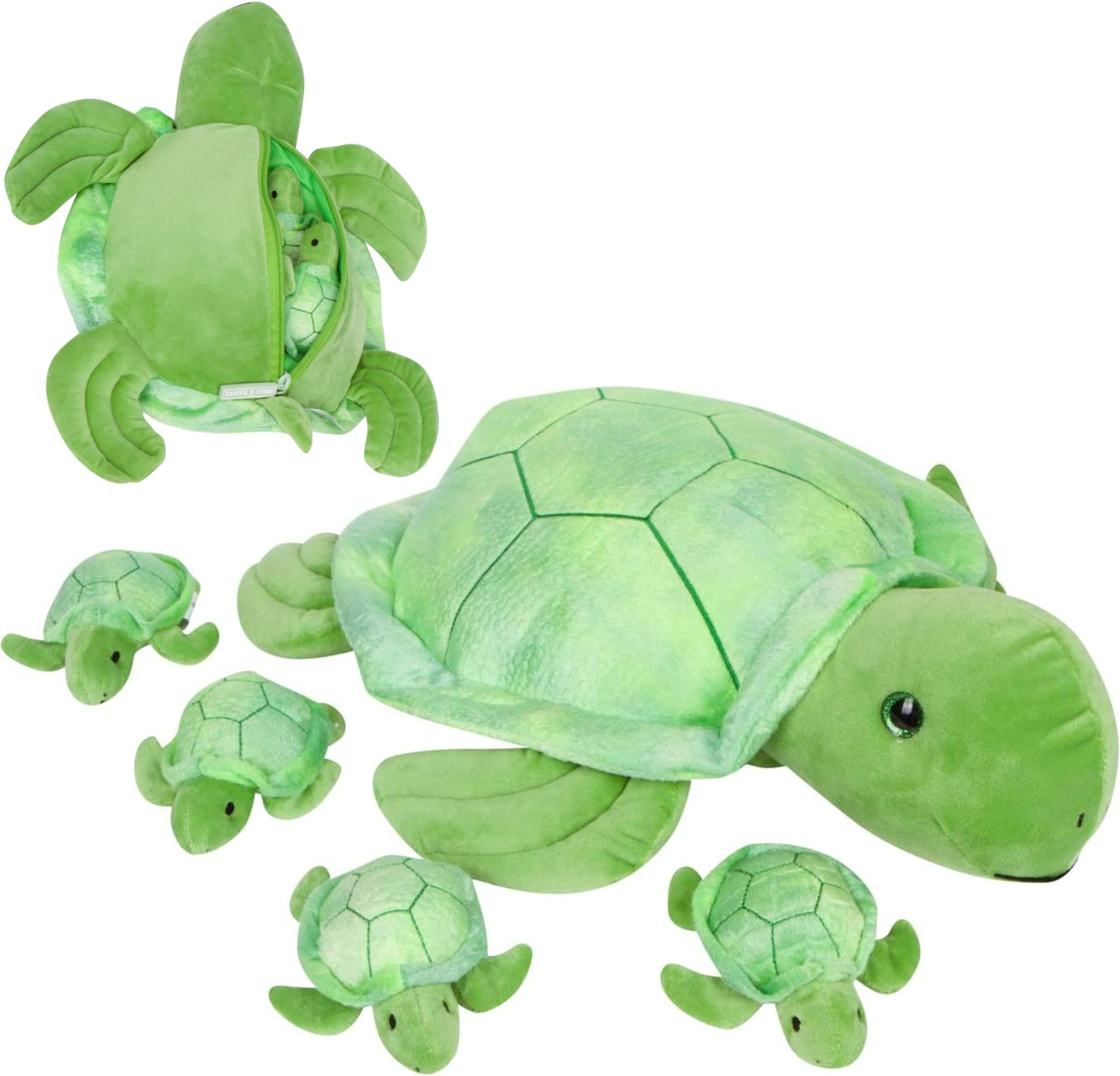 PixieCrushSnugababies Turtle Stuffed Animals with 4 Baby in her Tummy for Girls Ages 3 4 5 6 7 8 Years, Toy Animal Pillows for Girl