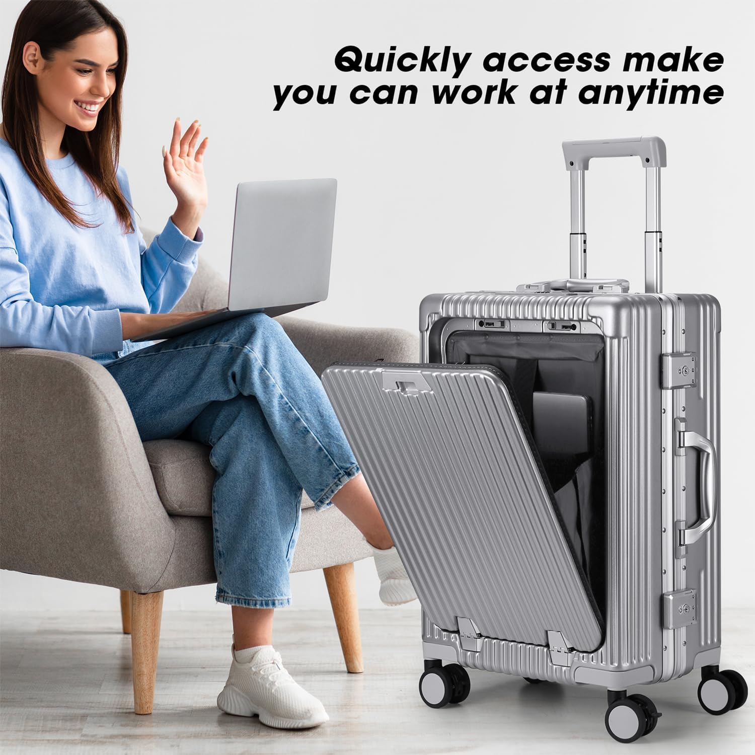 MRPLUM Front Pocket Carry On Luggage,PC Hardside Spinner Wheel Suitcase with TSA Lock,Cup Holder,Phone Holder&USB Charging Port,Silver(1 Piece)