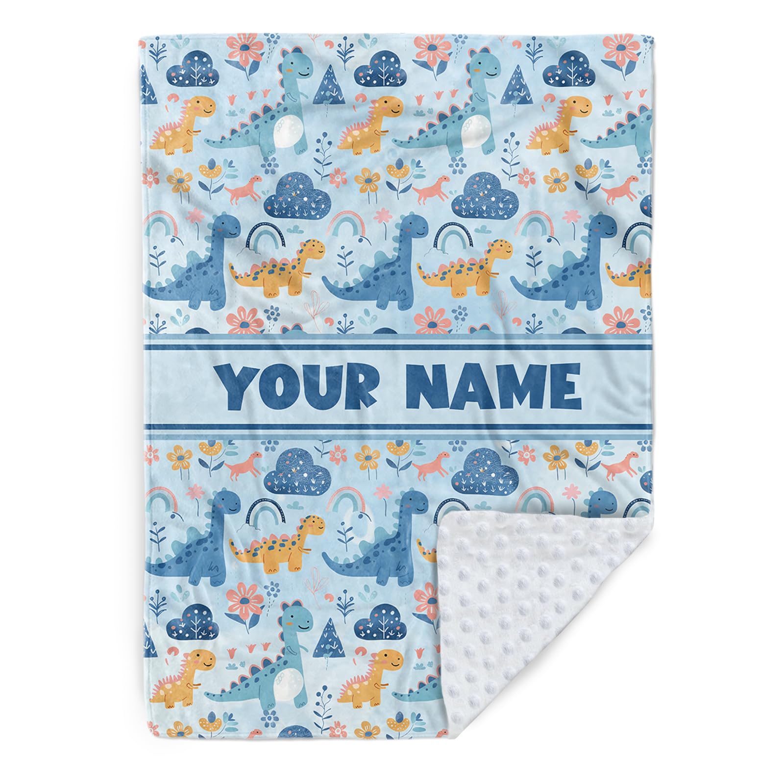 Mybbao Personalized Baby Blanket With Name, Double Layer Soft Custom Blankets for Newborn Boys Girls, Customized Dot Back Dinosaurs Flannel Throw Blanket for Baby Shower, Birthday Gifts