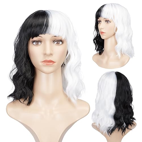 Miniatura 8 de AGPTEK Pelucas sintéticas onduladas para cosplay de 15.7 pulgadas, peluca de Cruella Deville, fibra resistente al calor, textura suave y lisa,