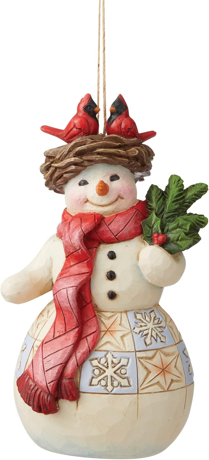 Enesco Jim Shore Heartwood Creek Snowman with Cardinal Nest Hat Hanging Ornament, 4.72 Inch, Multicolor