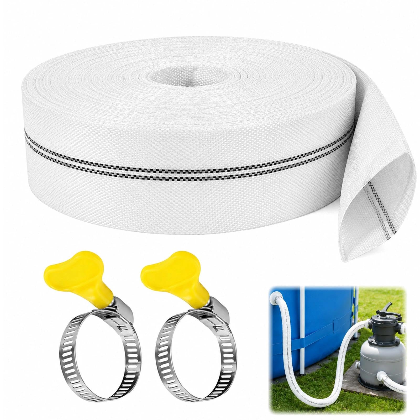 32mm Lay Flat Pond Hose, 10m Heavy Duty Water Pump Discharge Pipe with 2 Hose Clips, Flexible Flat Pool Drainage Hose for Pond, Swimming Pool & Dirty Water Transfer