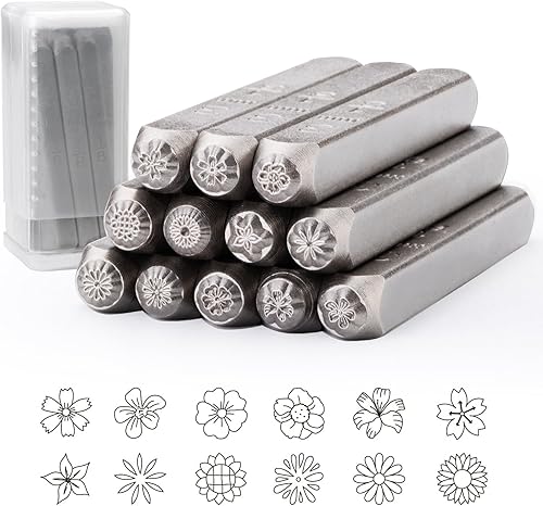 Tlimus 12 sellos de metal con temática de flores, herramientas de estampado de metal de 0.118 pulgadas (14 pulgadas), suministros de manualidades y