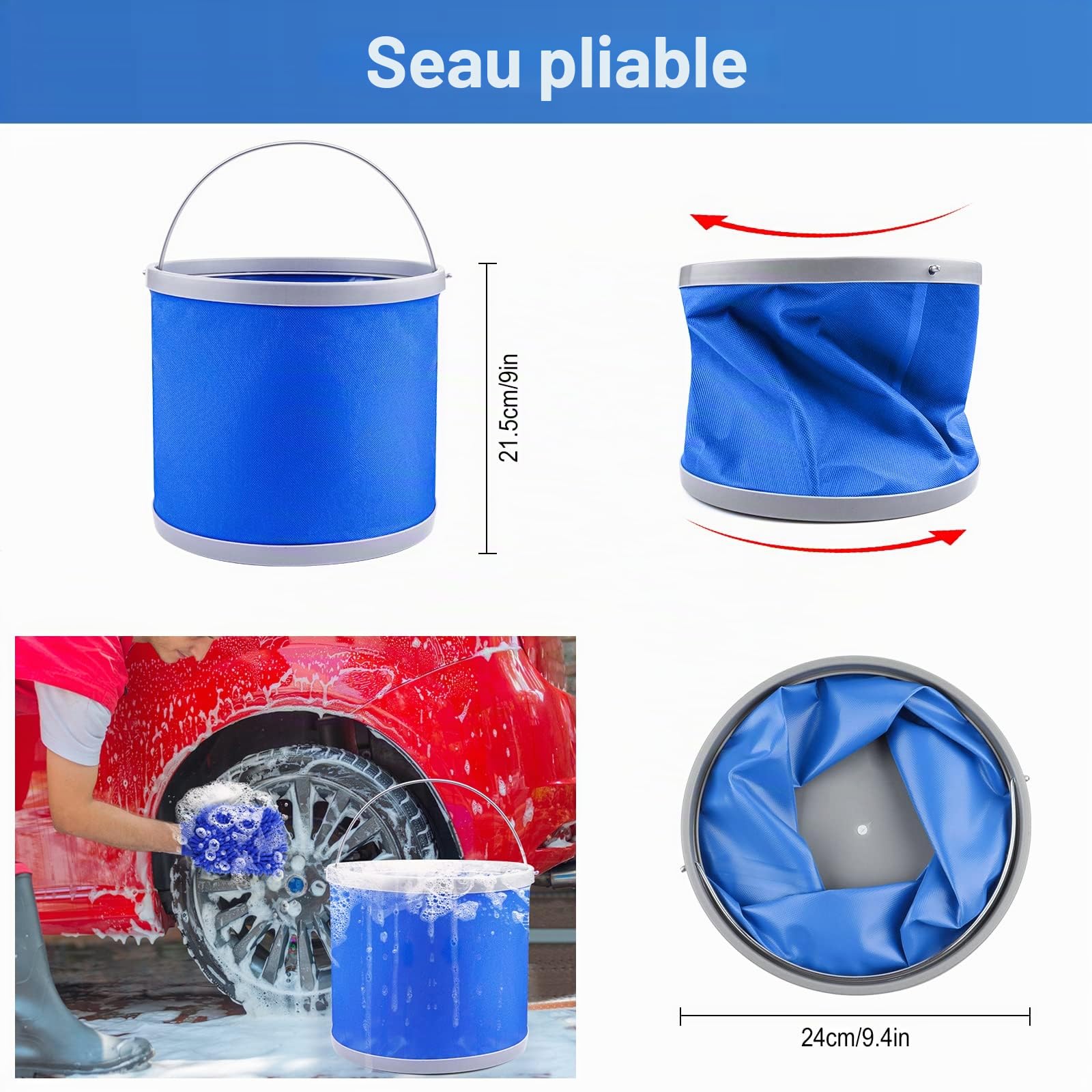 Kit de nettoyage de voiture avec sac de rangement, 13 produits de lavage de voiture à l'intérieur et à l'extérieur, seau pliable, brosse de roue à manche court, gants de lavage en microfibre (bleu)
