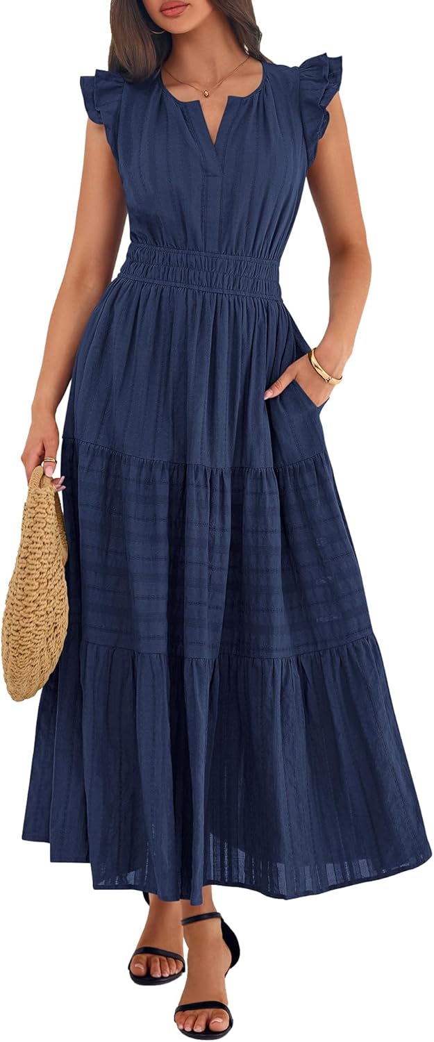 BTFBM Womens Summer Maxi Dress 2026 Spring Boho Vacation Ruffle Flutter Short Sleeve A Line Tiered Flowy Dresses Pockets - Image 2