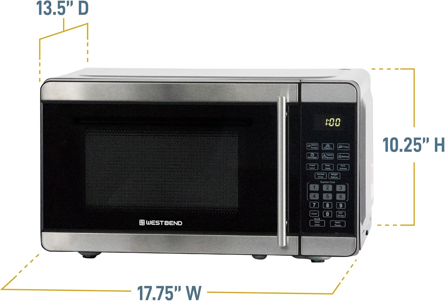 West Bend Microwave Oven 700-Watts Countertop Footprint with 6 Pre Cooking Settings, Speed Defrost, Electronic Control Panel and Glass Turntable Perfect for Small Spaces, 0.7-Cu.Ft., Stainless Steel