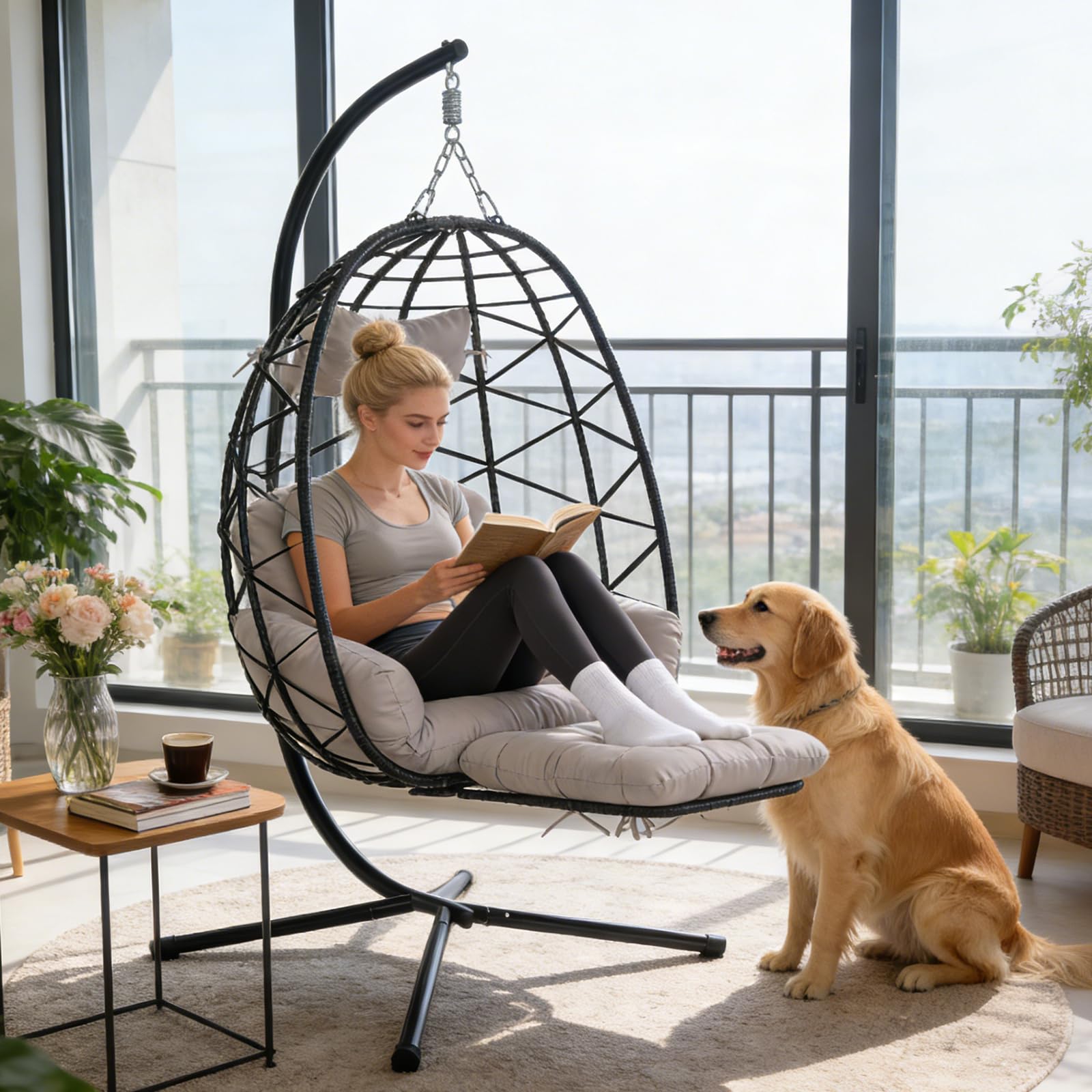 Silla colgante de huevo con soporte y reposapiernas, silla oscilante de mimbre de ratán con cojín, silla colgante de cesta de patio, silla hamaca de mimbre para interiores y exteriores, dormitorio