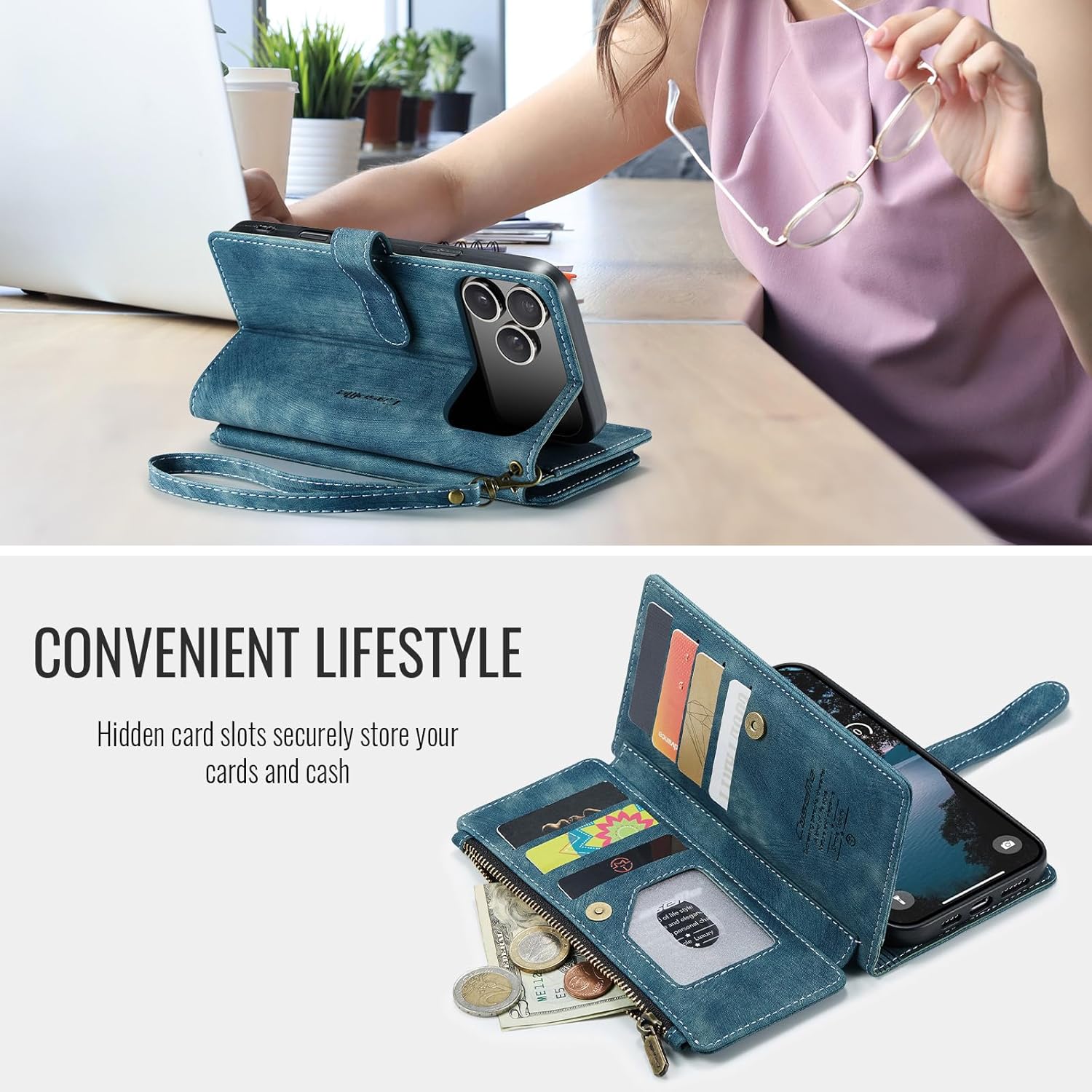 CaseMe Wallet Case for iPhone 17 Pro Max, Multifunction Handmade Leather Zipper Flip Shockproof Case Built-in [Magnetic Closure] [Kickstand] [Card Slots] [Wrist Strap] for iPhone 17 Pro Max (Blue)