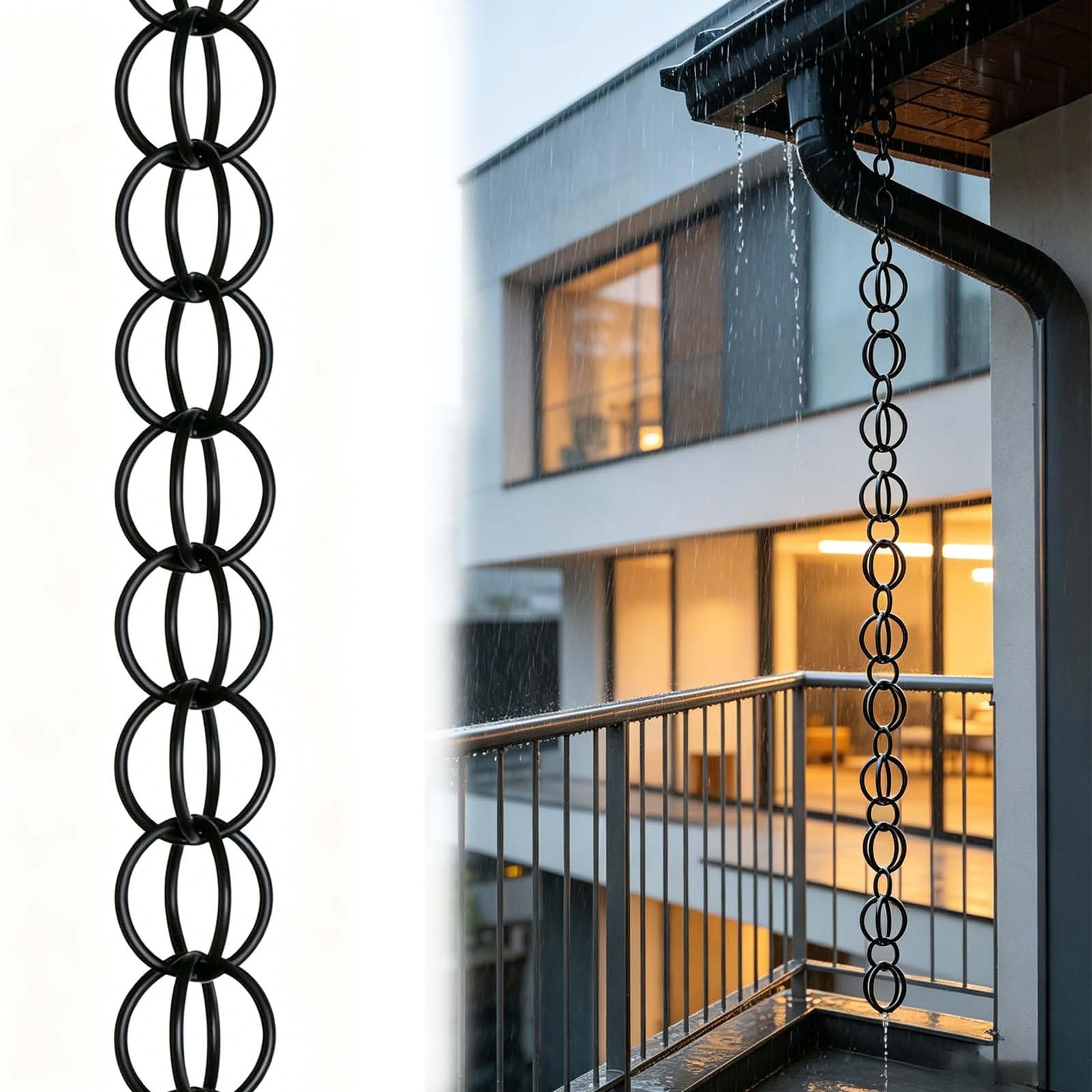 Kilvanx Aluminum Alloy Gutter Chain Waterfall，Hanging Rain Chain Garden Ornament，For Decorative Outdoor Gutter Drainage System For Roof，Replace Your Downspout,Garden For Mom, Black