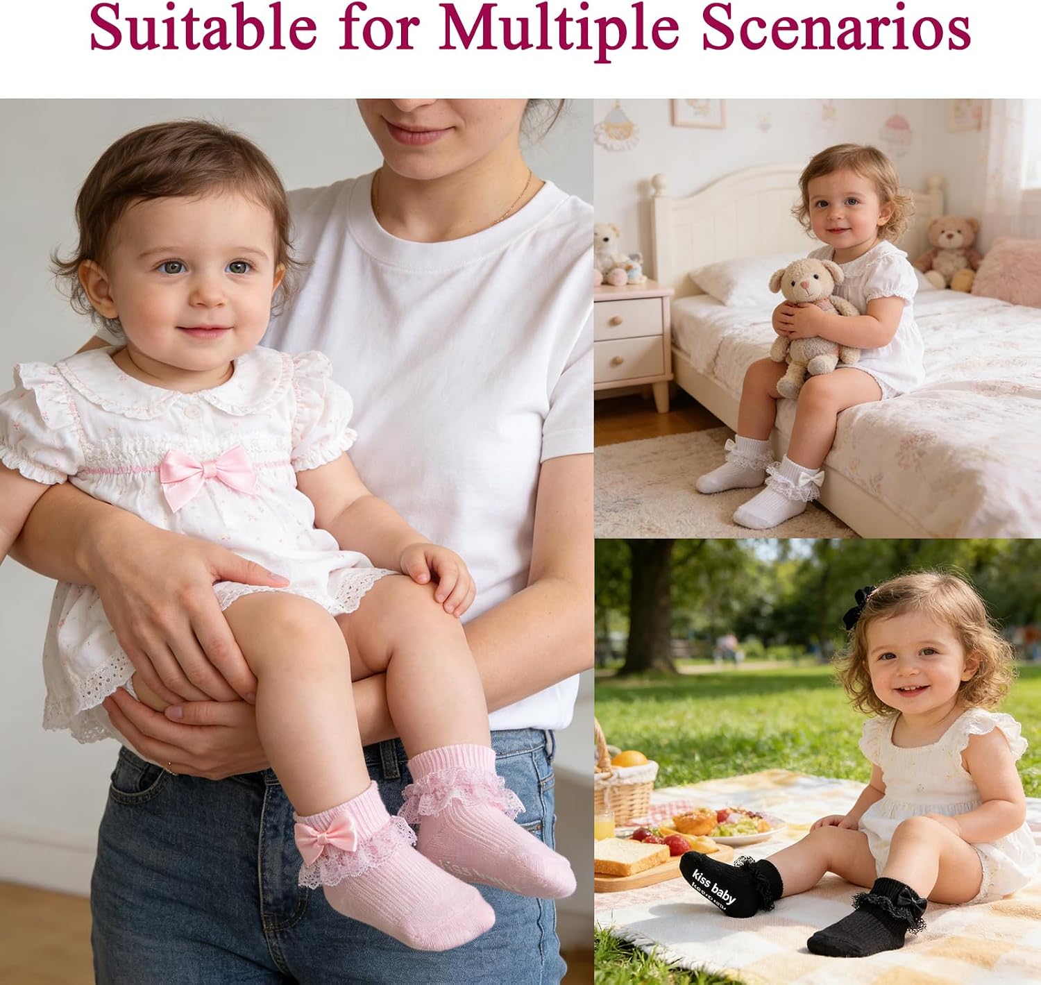 Baby Girl Ruffle Socks with Bow Grips Turn Cuff Ankle Lace Frilly Dress Socks for Newborn/Infant/Toddler/Little Kids