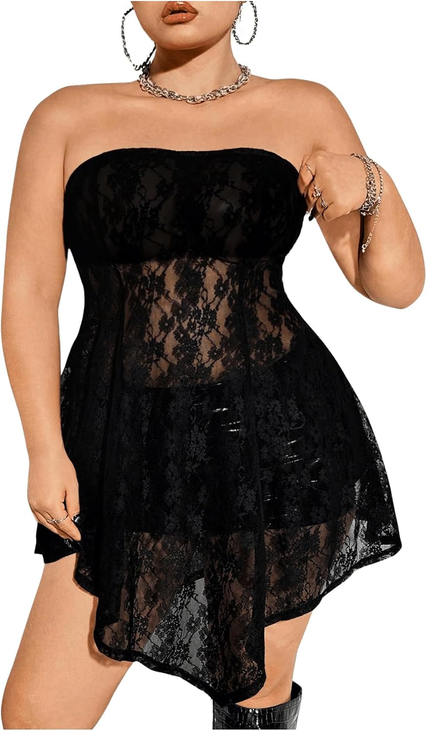 plus size mini tube dress Final Sale Plus Size Satin Strapless Mini Dress with Side Train in Black