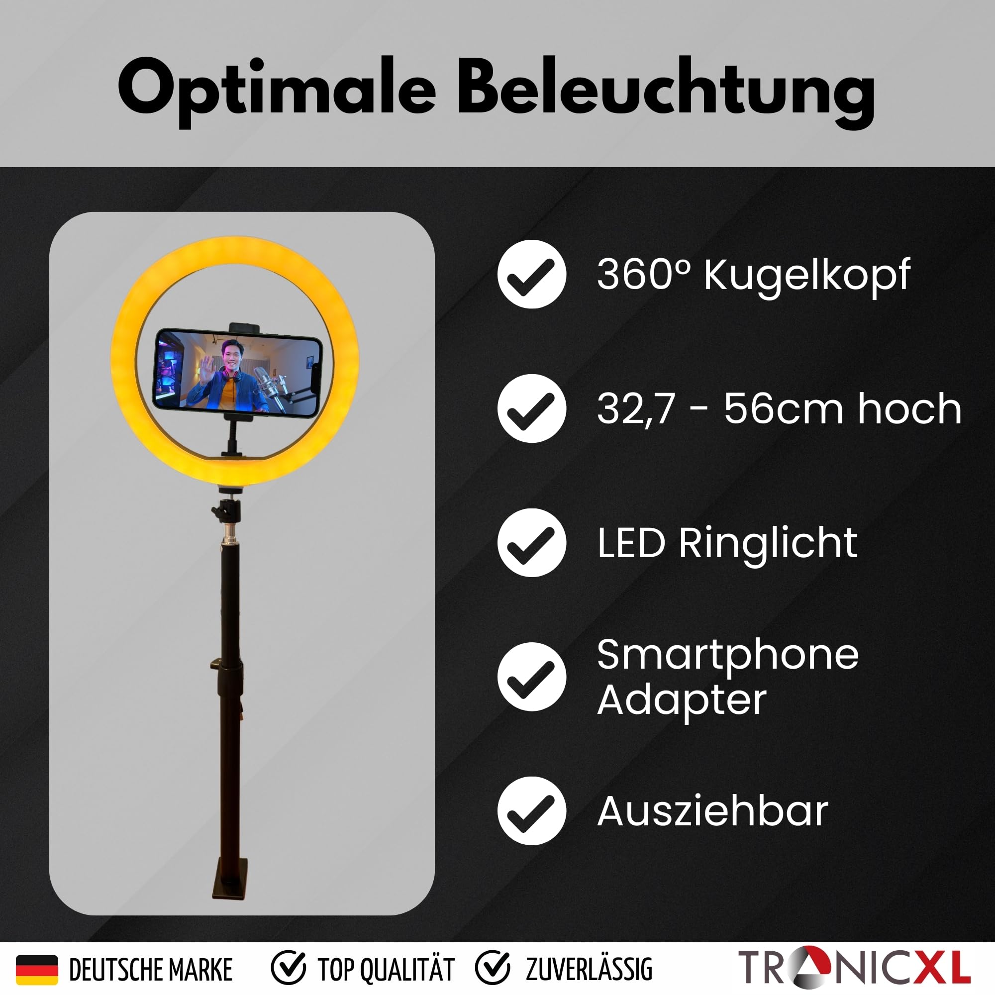 TronicXL Luce ad anello con treppiedi da tavolo anello leggero supporto per cellulare compatibile con iPhone smartphone supporto luce per YouTube Video Stream TikTok foto video supporto da tavolo