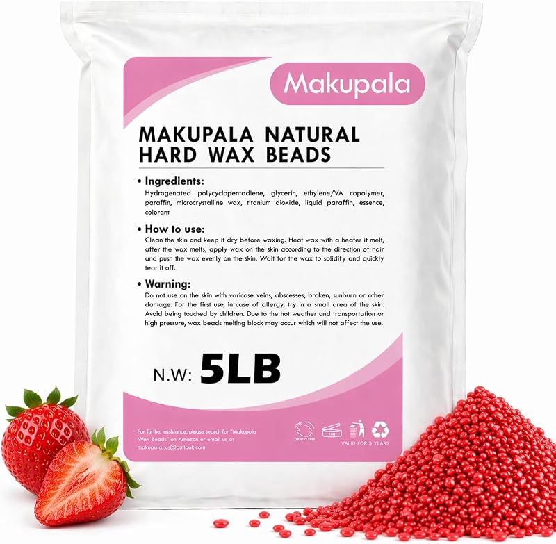 Cera depilatória dura em grânulos Makupala, fragrância de morango, vermelha, 2,27 kg