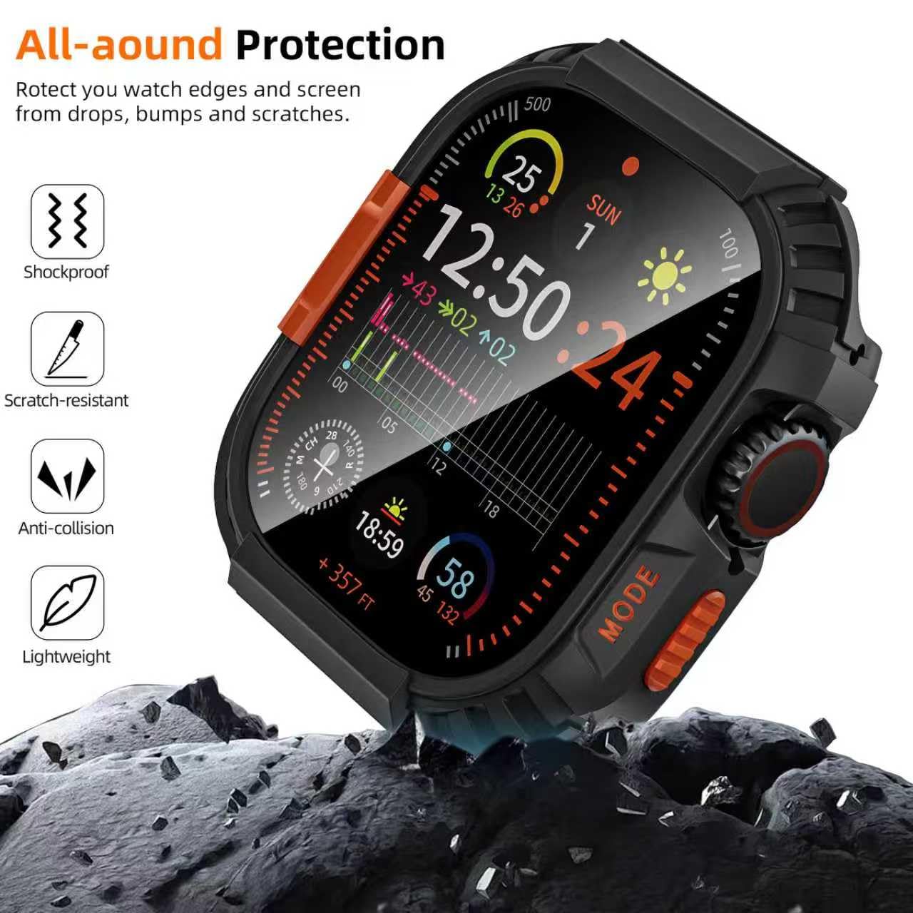 Custodia impermeabile robusta per Apple Watch 49 mm Ultra 3/2/1 con pellicola protettiva in vetro temperato, cover protettiva per iWatch 49 mm Starlight
