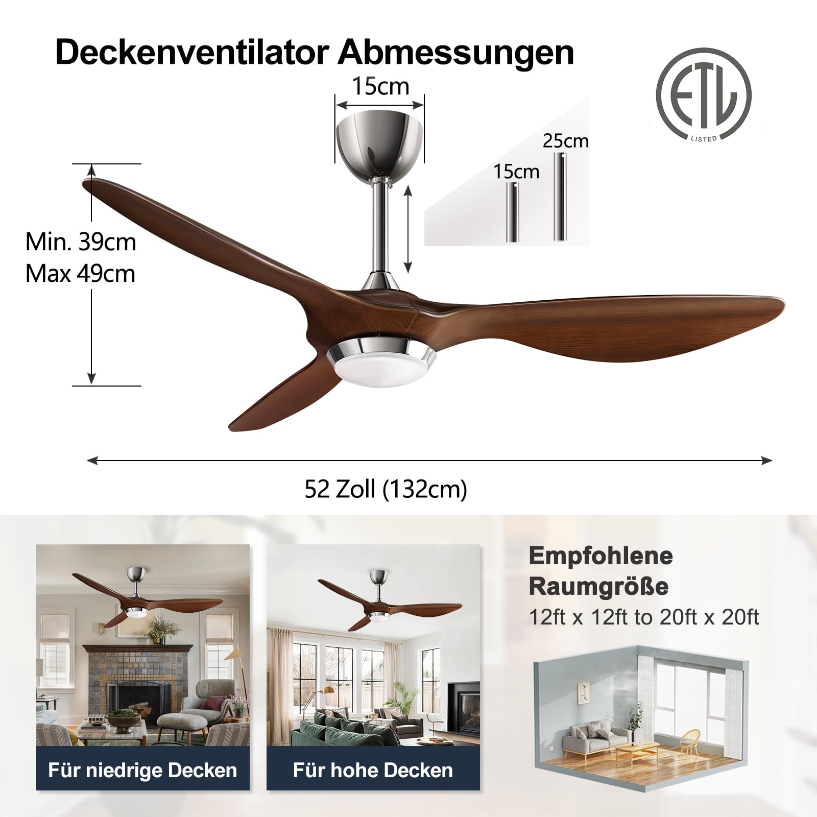 reiga Deckenventilator 132 cm mit LED Licht und Fernbedienung, Leiser Reversibler DC Motor, 6 Geschwindigkeitsstufen, Smart App Steuerung
