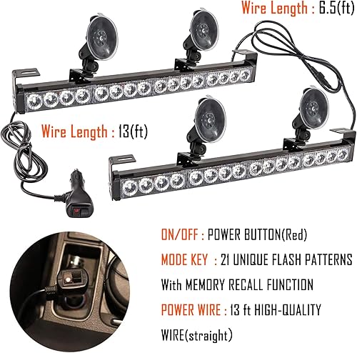 Miniatura 2 de LE-JX - Barra de luz estroboscópica de emergencia 2 en 1, 21 patrones de flash, rojoazul, de prevención de tráfico, de advertencia, para parabrisas,