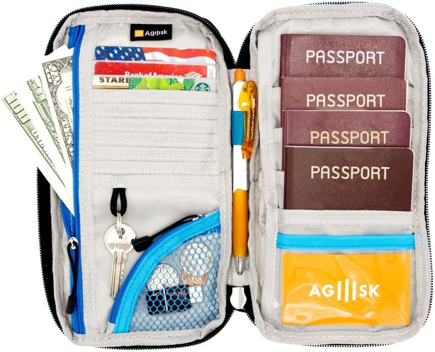 Travel Wallet & Passports Holder with RFID Blocking by AGILISK Offer Family Organizer for Credit & Business Cards, Document, Boarding Pass, and Accessories for Neck/Shoulder