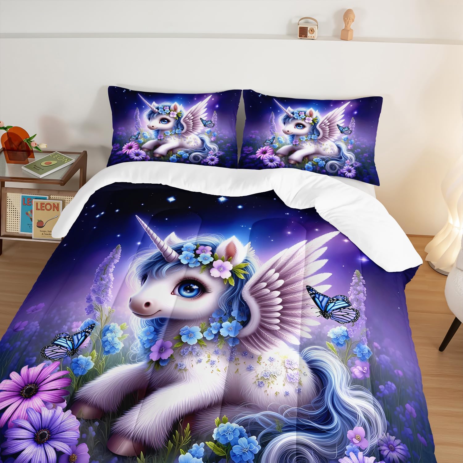 HOSIMA Unicorn Queen Comforter Set for Kids,Kawaii Unicorn Surrounded by Flowers Butterflies Print Animal Bedding,Lavender Pattern Princess Bedding for Teenage Girl Room Decor with 2 Pillowcases.