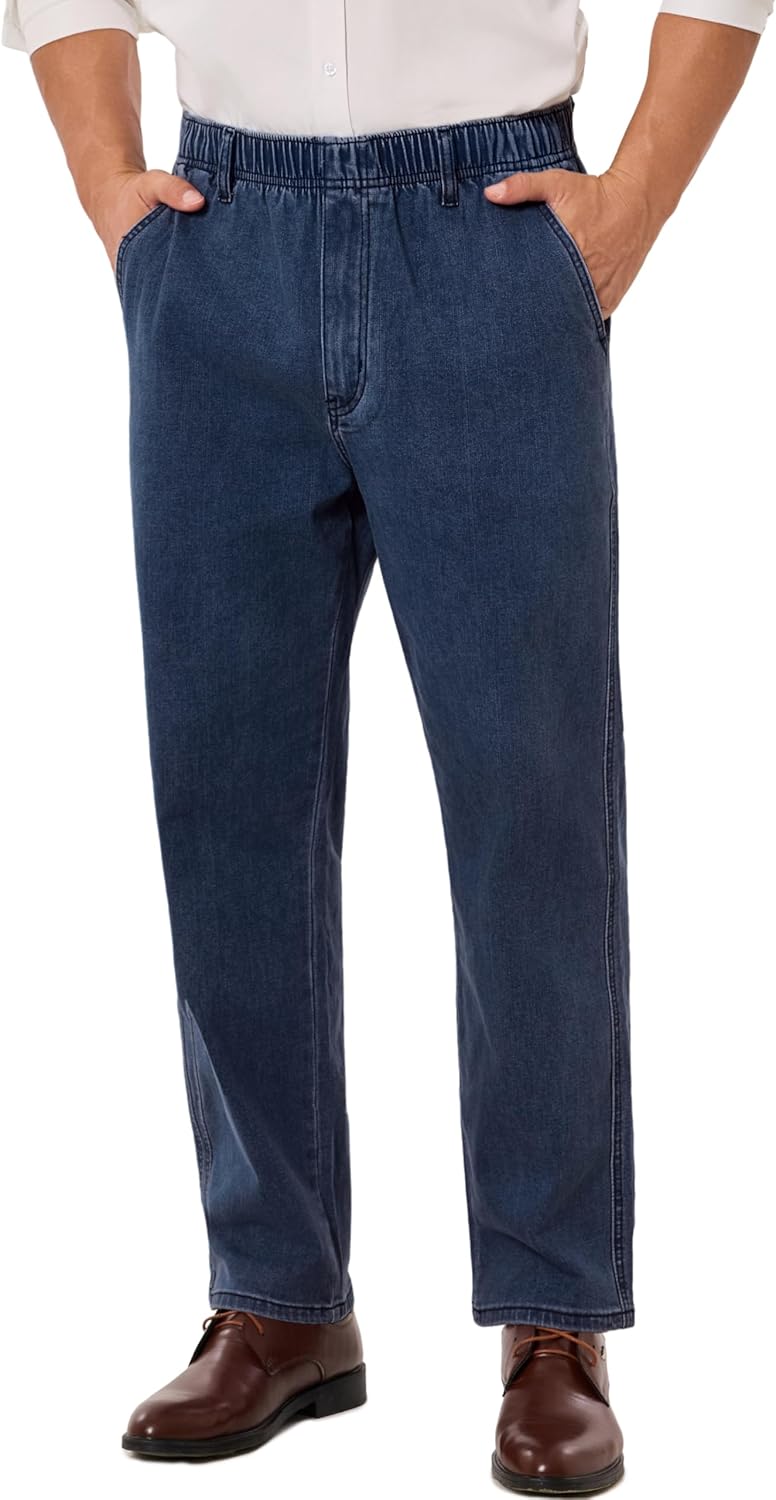 voeeron Pull On Elastic Waist Jeans for Men Full Elastic Waistband Loose Fit Denim Pants Easy Wear for Seniors