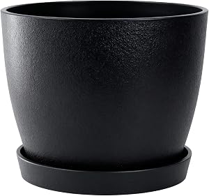 Bamworld 9 Inch Round Plastic Planter Pot with Drainage Holes, Modern Indoor Outdoor Planters for Succulents Flowers Small Plants, Garden Decor (Black)