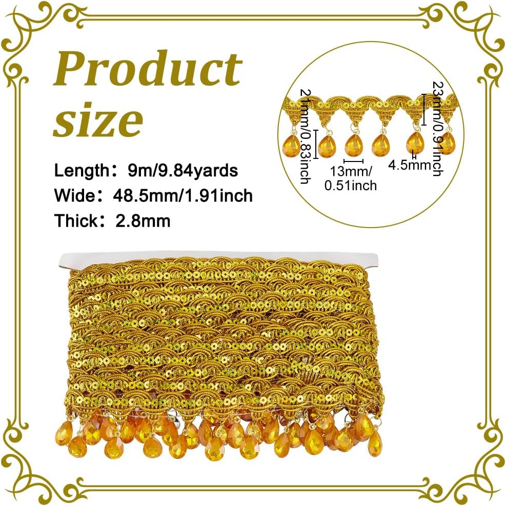 FINGERINSPIRE 9.8Yards(9m) Hanging Beads Fringe Lace 1.9inch Wide Gold Rhinestone Bead Fringe Trim Polyester Sewing Fringe Tassel Trim by The Yard for Handmade DIY Clothing Curtain Decoration