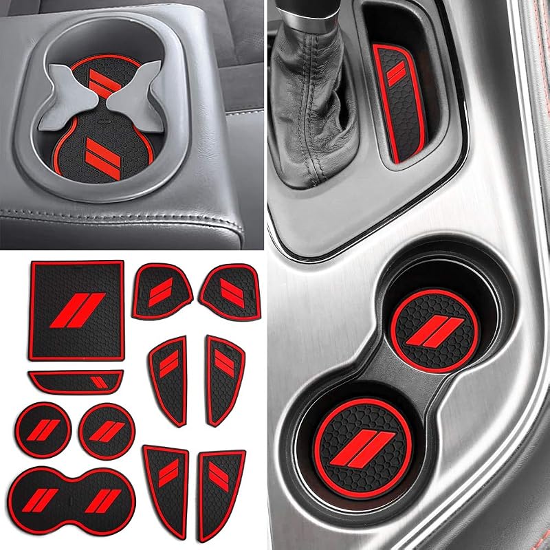 Kit de tapetes de borracha para porta-copos e console do Challenger 2015–2023 auovo vermelho, 11 peças