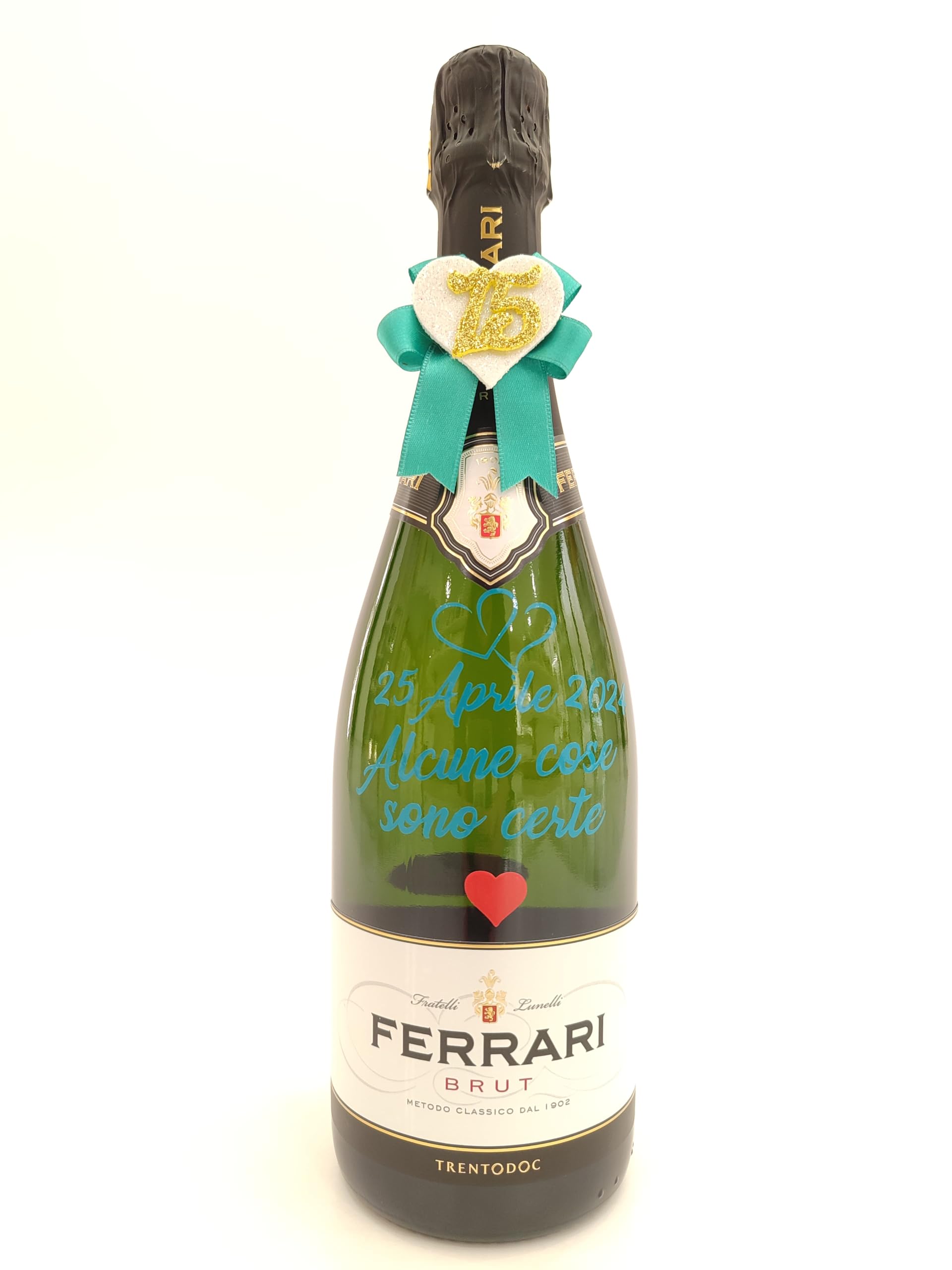 Generico Bottiglia Brut Spumante con Scritta ed Emoticon Personalizzabili, Fiocco con Dettaglio Unico da Scegliere in Fase di Personalizzazione